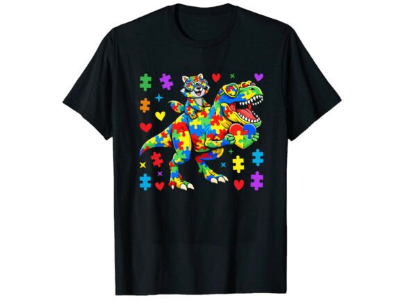 An Embroidered Raccoon Riding a Dino for Autism Awareness